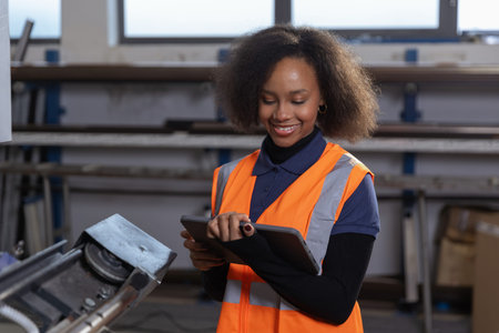 Portrait of a smiling African American female worker in a safety orange vest using a digital tablet...