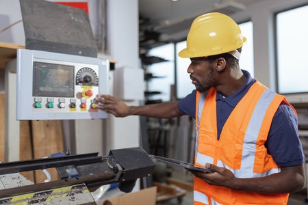 Metal industry worker in a yellow hard hat, monitoring automated system operation, making...