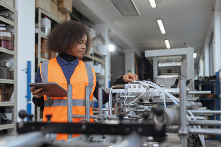 African American female worker operates in a modern, automated metal manufacturing facility, using a...