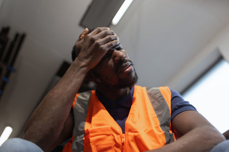 African American worker feeling overwhelmed and tired, taking a break from extreme job stress and burnout in an industrial storage warehouse.