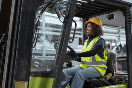 Portrait of a smiling female worker wearing protective gear, a yellow hard hat and a safety vest, driving a forklift truck in a warehouse.