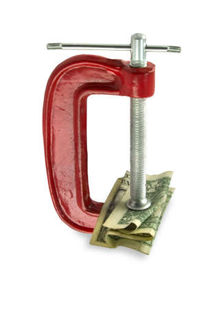 The dollar clamped by a red clamp. White background.の写真素材