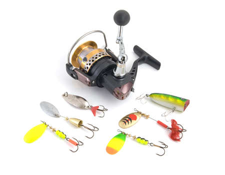 Set of fishing tackle on a white backgroundの写真素材