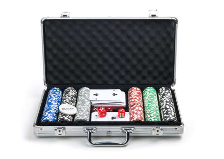 Poker set in a metallic case isolated on a white backgroundの写真素材