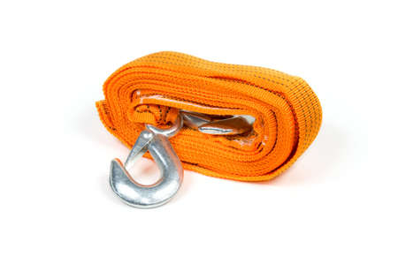 Orange towing rope with metal hooks isolated on a white backgroundの写真素材