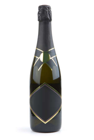 bottle of sparkling wine with empty label on a white backgroundの写真素材
