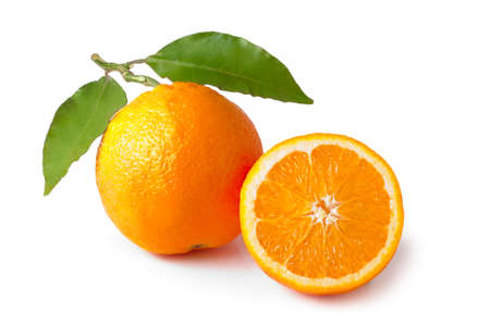 Oranges with leaves on a white background  の写真素材