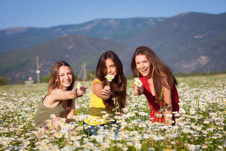 Three girlfriends on camomile meadowの写真素材
