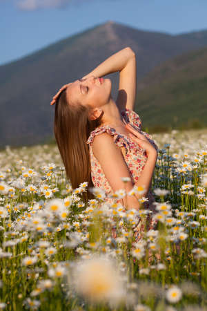 Beautiful girl on camomile meadowの写真素材