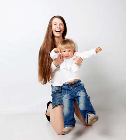 Mother with son in studioの写真素材