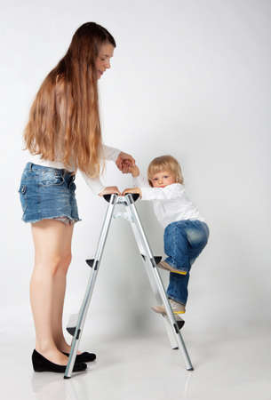 Mother with son in studioの写真素材