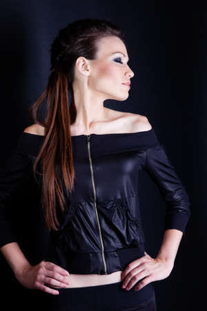 Beautiful girl with hairstyle portrait in studioの写真素材