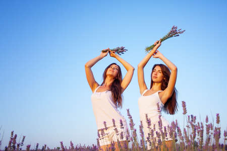Two girls on the lavender meadowの写真素材