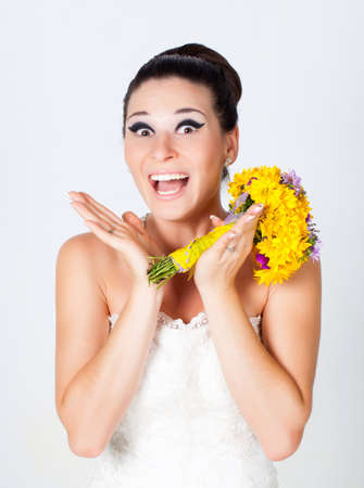 Beautiful brunette bride portrait in studioの写真素材