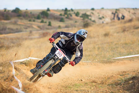 SEVASTOPOL, UKRAINE - NOVEMBER 25: Unknown racer on the competition of the mountain bike "Listopad Bike Session 2012" on November 25, 2012 in Sevastopol, Ukraineのeditorial素材
