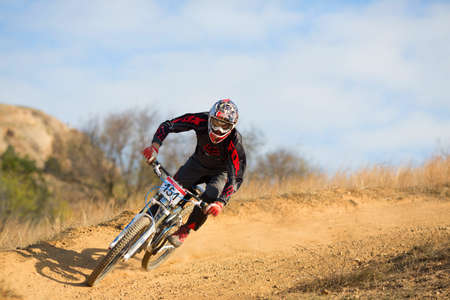 SEVASTOPOL, UKRAINE - NOVEMBER 25: Unknown racer on the competition of the mountain bike "Listopad Bike Session 2012" on November 25, 2012 in Sevastopol, Ukraineのeditorial素材