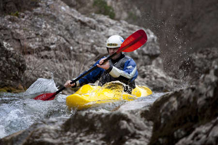 YALTA, UKRAINE - MARCH 7. Unknown kayak racer on the training of Russia kayakers on Belbek river on march 7, 2009 in Yalta, Ukraineのeditorial素材