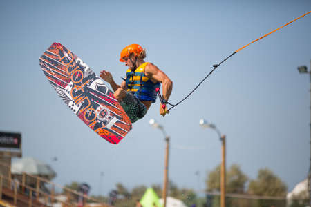 POPOVKA, UKRAINE - AUGUST 23. Unknown surfer on competition "Z-Games 2012" on august 23, 2012 in Popovka, Ukraineのeditorial素材