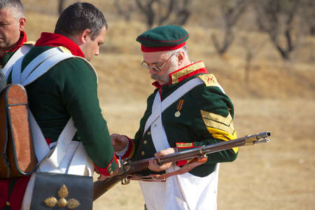 SEVASTOPOL SEPTEMBER OF 2012. Russian soldiers on historical reconstruction of "Battle of Alma  Crimea war 1854 year".  29 of september 2012 Sevastopol, Ukraineのeditorial素材