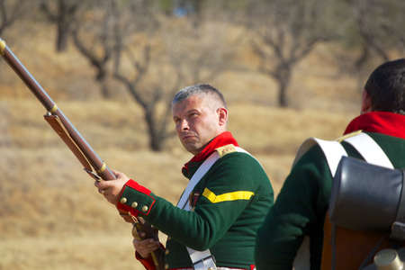 SEVASTOPOL SEPTEMBER OF 2012. Russian soldier on historical reconstruction of "Battle of Alma  Crimea war 1854 year".  29 of september 2012 Sevastopol, Ukraineのeditorial素材