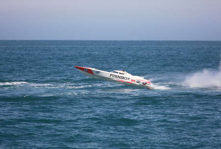 YALTA, UKRAINE - MAY 8 . Racing boat in the world championship of powerboat P1 on may 8, 2010 in Yalta, Ukraineのeditorial素材