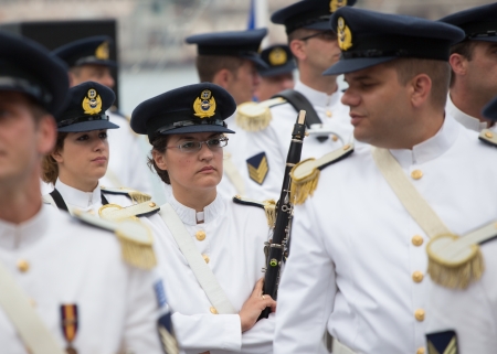 SEVASTOPOL, UKRAINE - JUNE 14. Greece female musician on "Sevastopol Military Tattoo Festival 2013" on june 14, 2013 in Sevastopol, Ukraineのeditorial素材