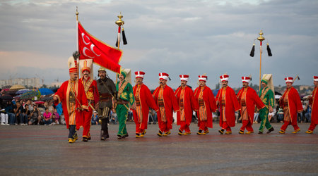 SEVASTOPOL, UKRAINE - JUNE 14. Turkish historical - military orchestra on "Sevastopol Military Tattoo Festival 2013" on june 14, 2013 in Sevastopol, Ukraineのeditorial素材