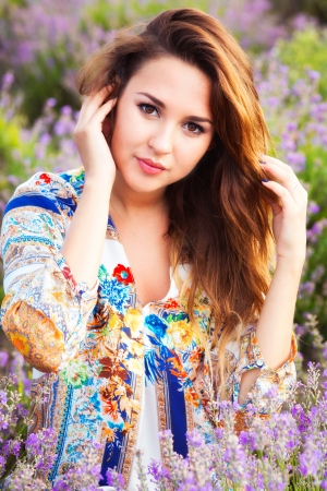 Girl portrait on lavender fieldの写真素材