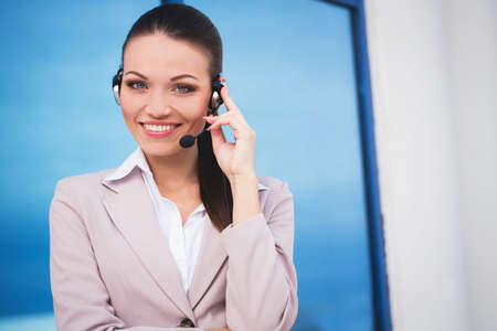 Headset woman customer service worker, call center, smiling operator with headset 