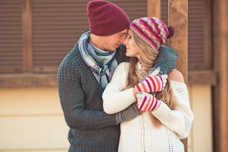 Two lovers on the autumn streetの写真素材