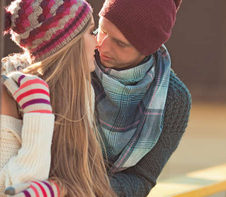 Two lovers on the autumn streetの写真素材