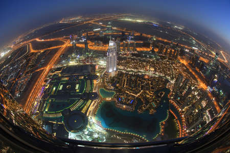 Dubai downtown night view from Burdj Khalifa by fisheye lenseのeditorial素材
