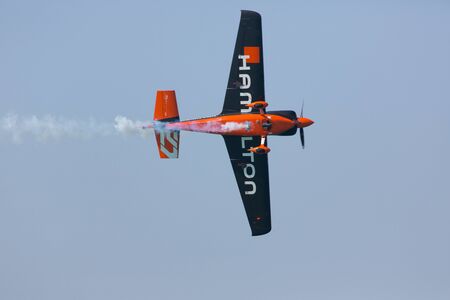 ABU-DHABI, UNITED ARABIAN EMIRATES - FEBRUARY 14 . Racing airplane at the stage of redbull airrace competition on february 14, 2015 in Abu-Dhabi, United Arabian Emiratesのeditorial素材