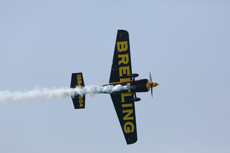 ABU-DHABI, UNITED ARABIAN EMIRATES - FEBRUARY 14 . Racing airplane at the stage of redbull airrace competition on february 14, 2015 in Abu-Dhabi, United Arabian Emiratesのeditorial素材