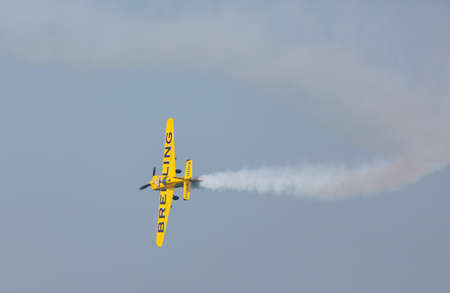 ABU-DHABI, UNITED ARABIAN EMIRATES - FEBRUARY 14 . Racing airplane at the stage of redbull airrace competition on february 14, 2015 in Abu-Dhabi, United Arabian Emiratesのeditorial素材