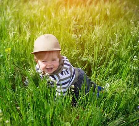 Little boy playing in the grassの写真素材