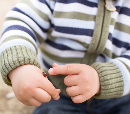 Little boy touching red bug on the mother's handの写真素材