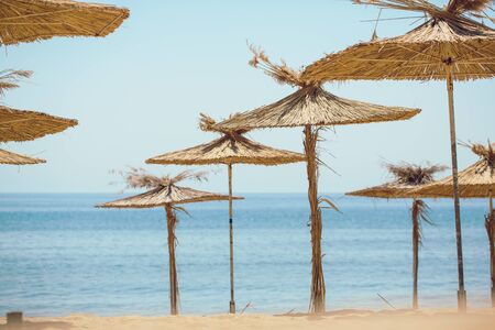 Beach umbrellas on exotic tropical white sand beachの写真素材
