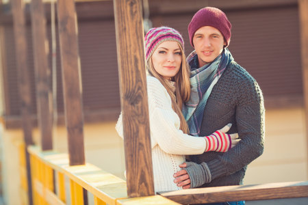 Young beautiful couple outdoors autumn portraitの写真素材