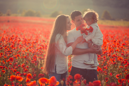 Family playing on poppy fieldの写真素材