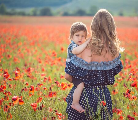 Mother playing with sonon poppy fieldの写真素材