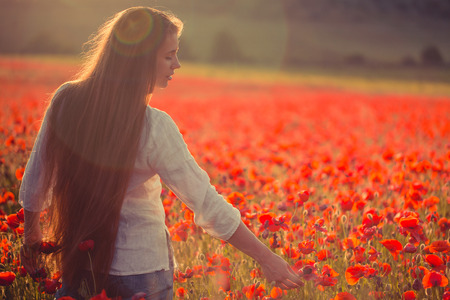 Young woman with long hair on poppy fieldの写真素材