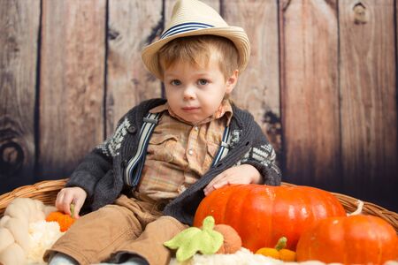 Little boy with pumpkin on the farmの写真素材