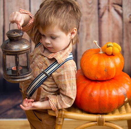 Little boy with pumpkin on the farmの写真素材
