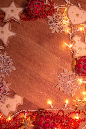 Backgroung of christmas garland lights on the wooden floorの写真素材