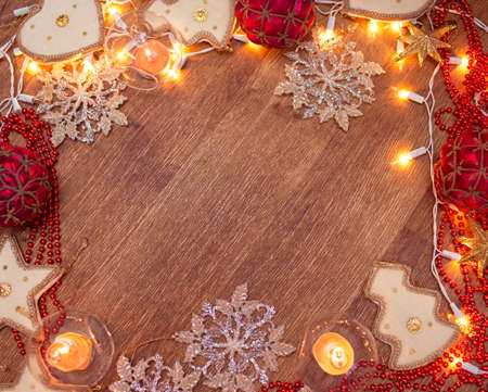 Backgroung of christmas garland lights on the wooden floorの写真素材