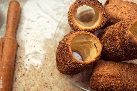 Traditional Slovak cake Trdelnik photo with place for textの写真素材