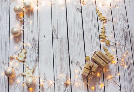 Christmas background frame no the wooden floorの写真素材
