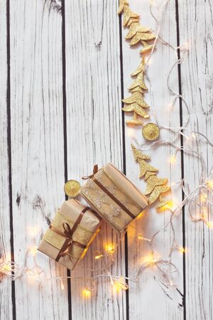 Christmas background frame no the wooden floorの写真素材