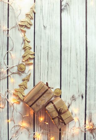 Christmas background frame no the wooden floorの写真素材